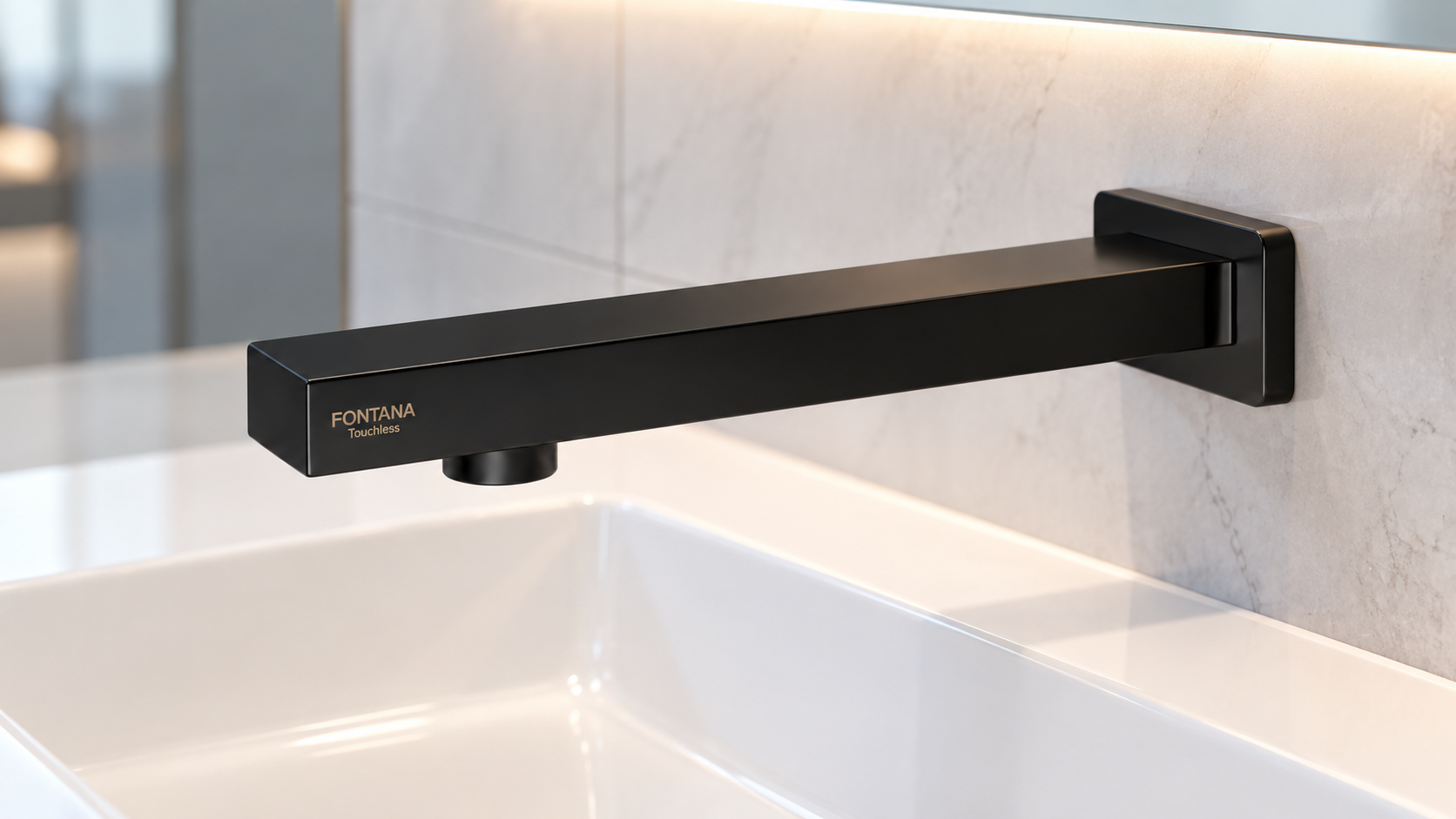 Fontana chrome wall-mounted commercial sensor faucet above dark stone washbasin